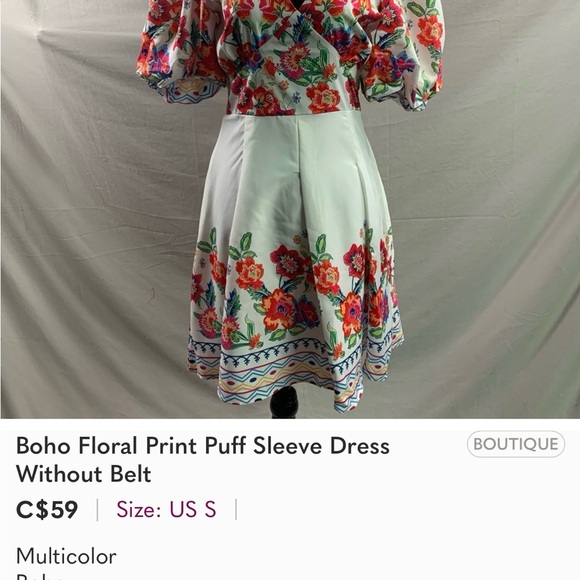 Boho Floral Print Puff Sleeve Dress Without Belt - Picture 5 of 5